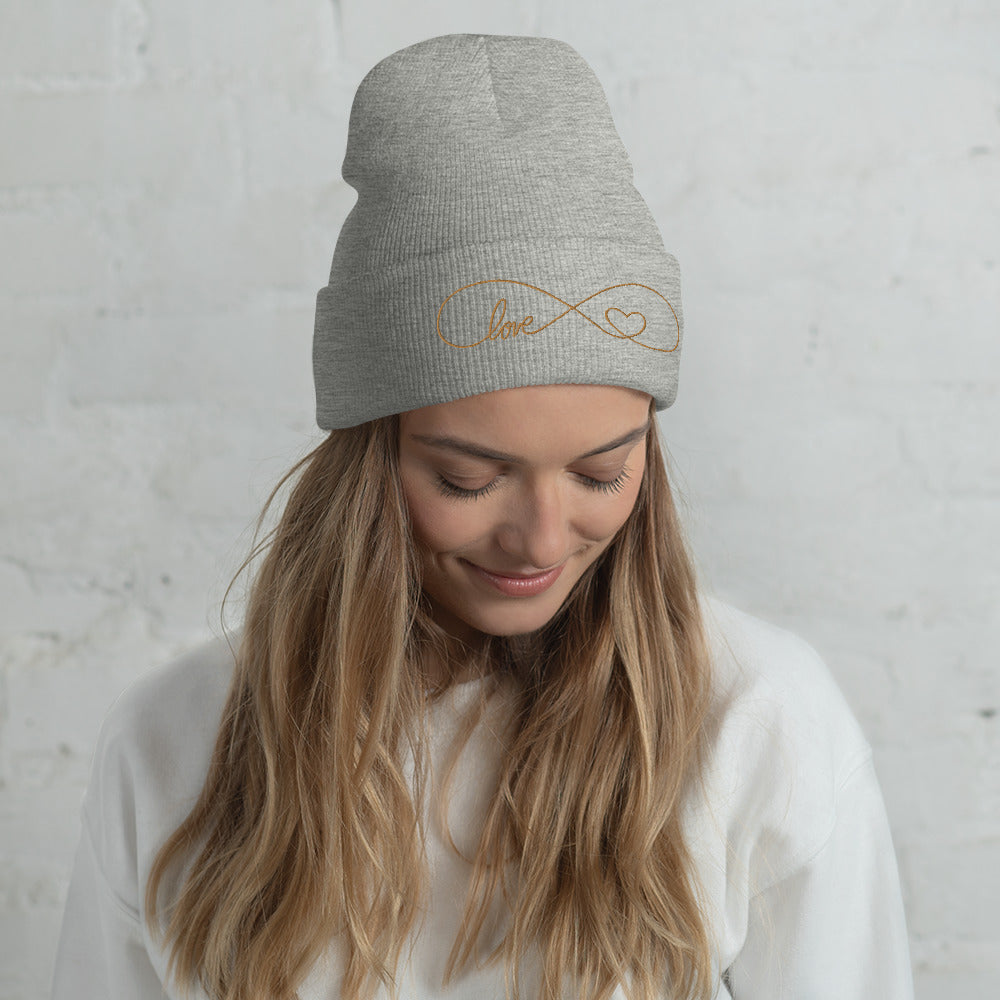 Infinity Heart Gold Embroidered Cuffed Beanie, lioness-love