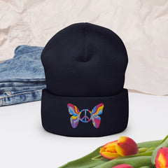 Colorful Butterfly Peace Sign embroidered cuffed beanie