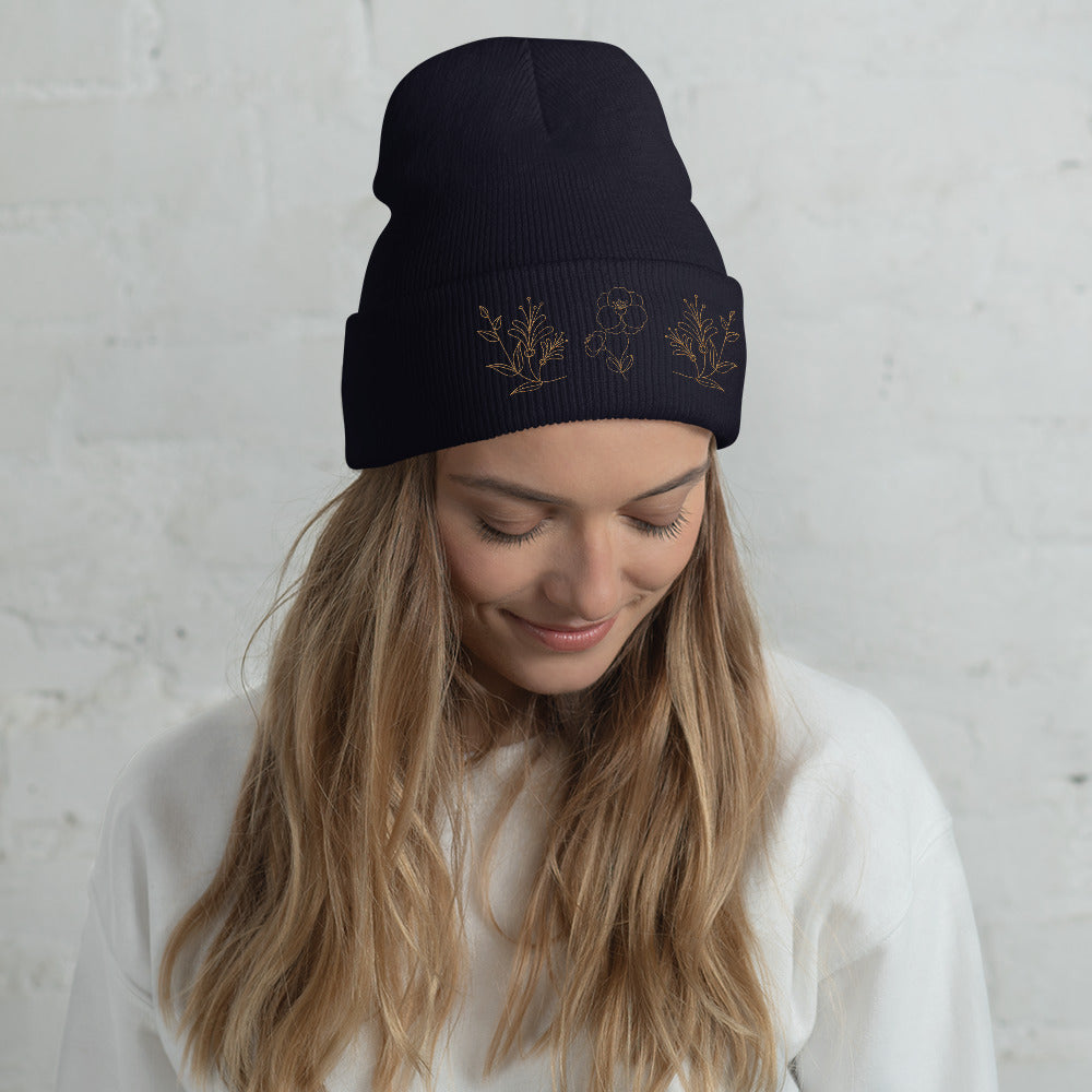 Floral Nature embroidered cuffed beanie