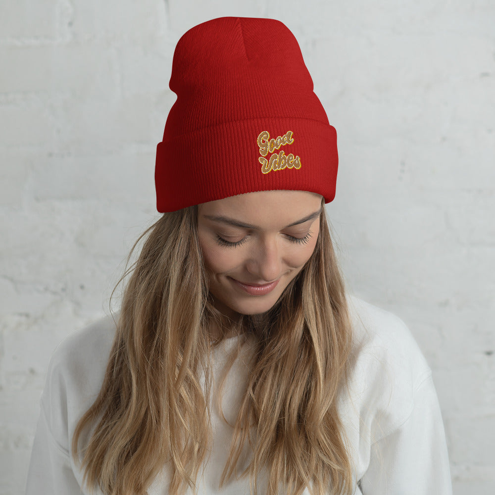 Good Vibes Embroidered Cuffed Beanie, lioness love
