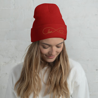 Infinity Heart Gold Embroidered Cuffed Beanie, lioness-love