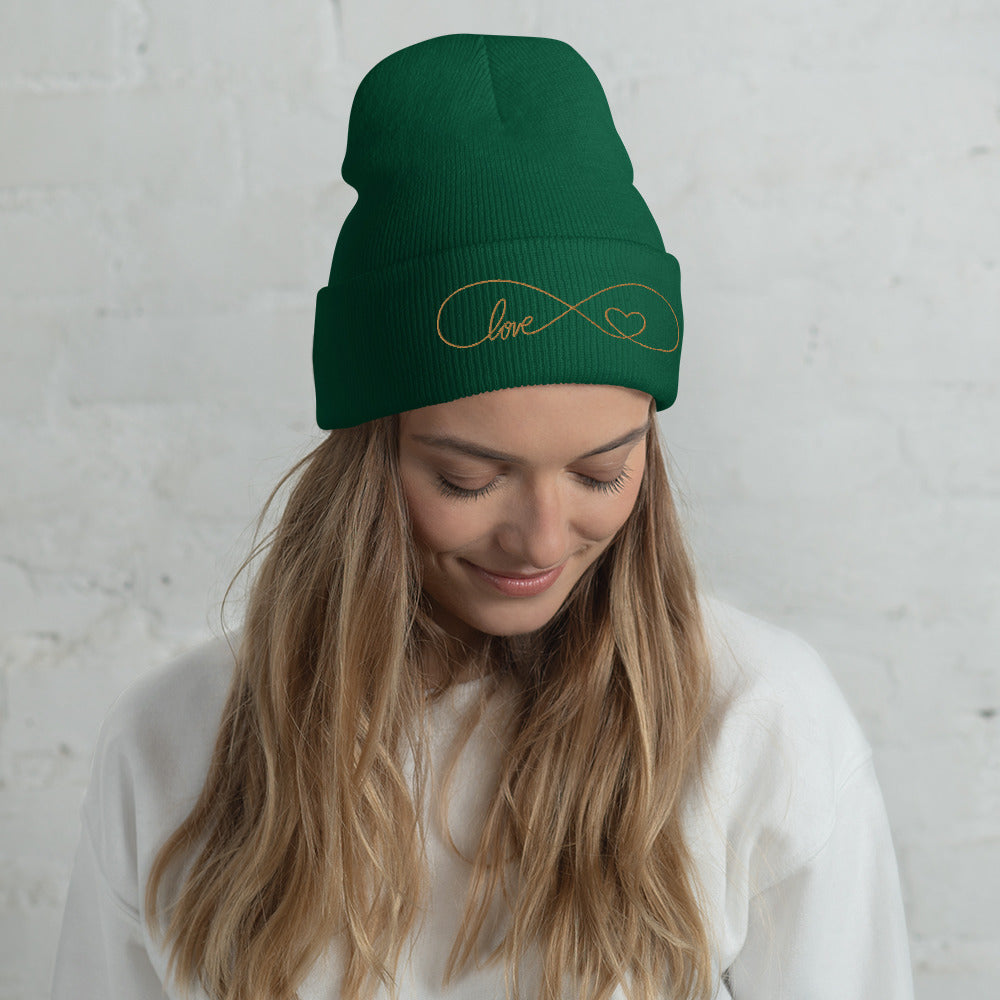 Infinity Heart Gold Embroidered Cuffed Beanie, lioness-love