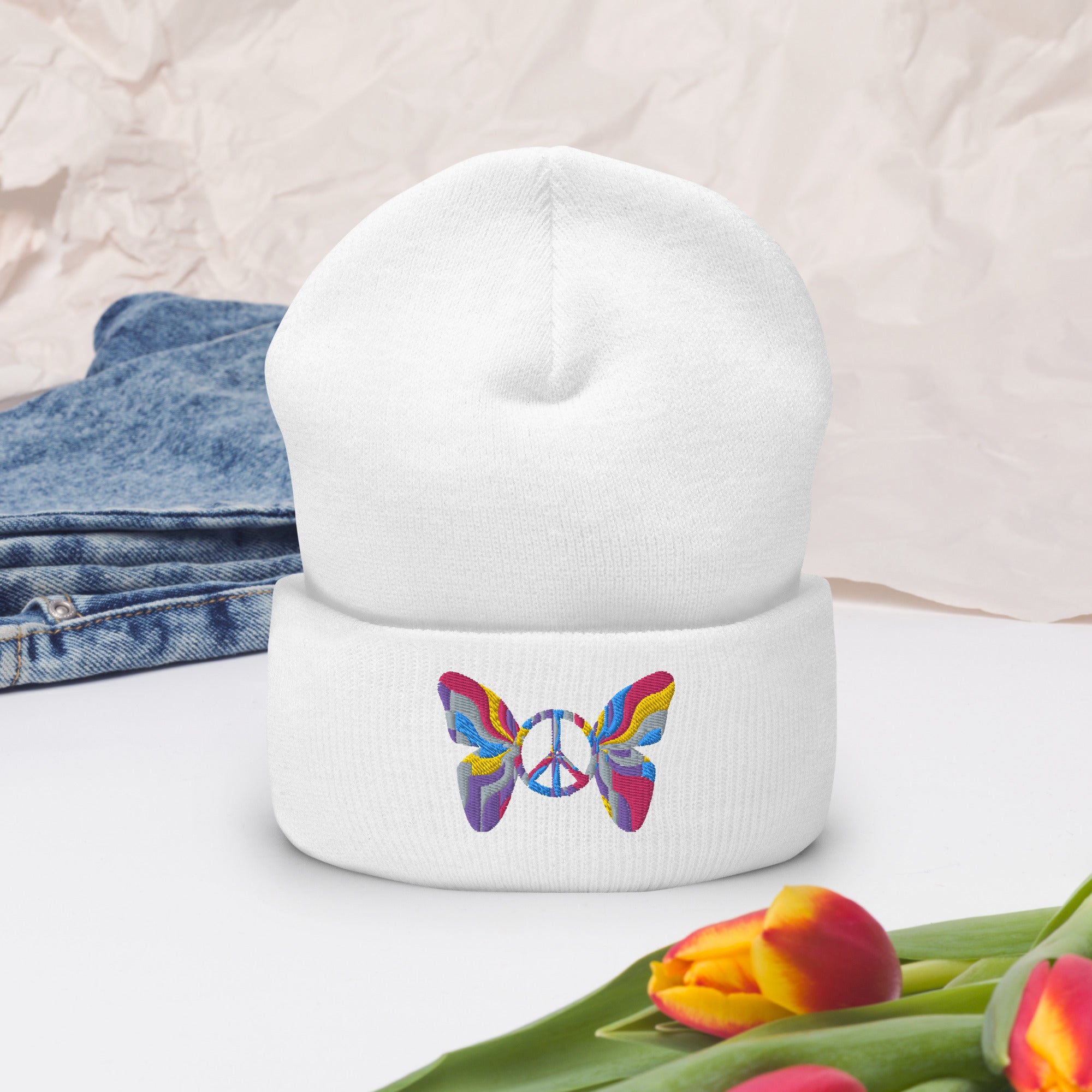 Colorful Butterfly Peace Sign embroidered cuffed beanie