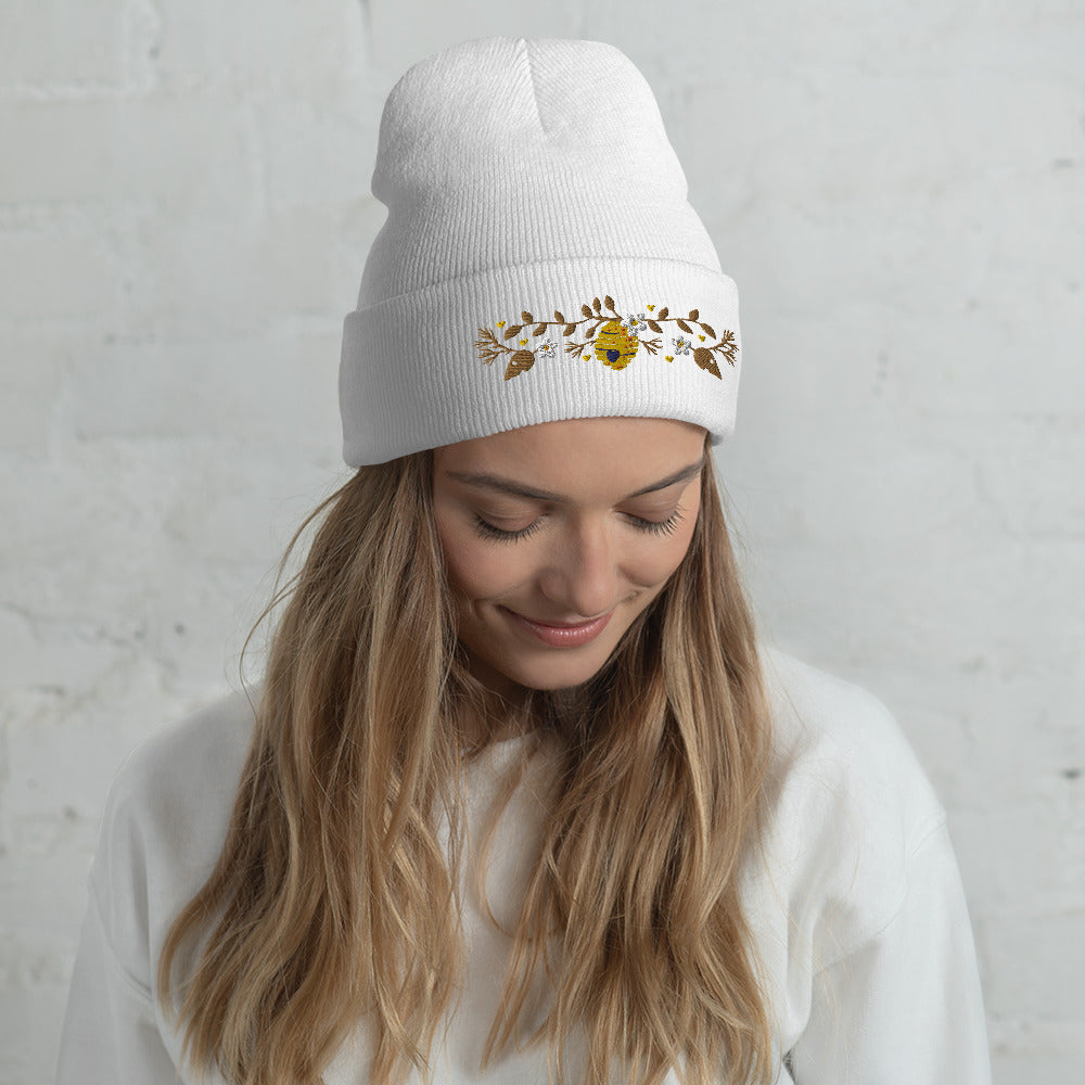Bee Hive Floral Embroidered Form-Fitting Beanie, lioness-love