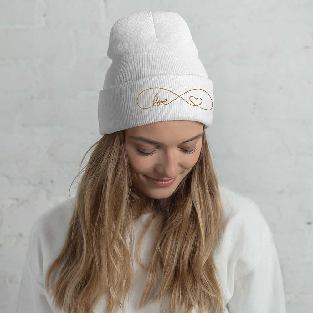 Infinity Heart Gold Embroidered Cuffed Beanie, lioness-love