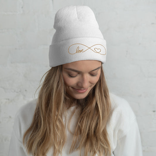 Infinity Heart Gold Embroidered Cuffed Beanie, lioness-love