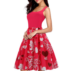 Women's Pin Up Valentine's Day Print Retro Style Swing Dress U Neck Zipper Closure Sleeveless A Line Waist Dress