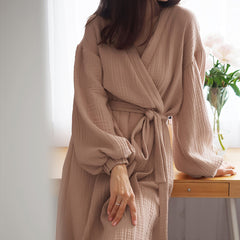 Women's Cotton Gauze Simple Casual Fashion Home Pajamas long sleeve knitted robe fashion pajamas