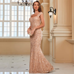 Sequin Sling Mid Waist Party Evening Dress - Full Length Formal Dress in Champagne, Green, Black, Dark Blue, Wine Red