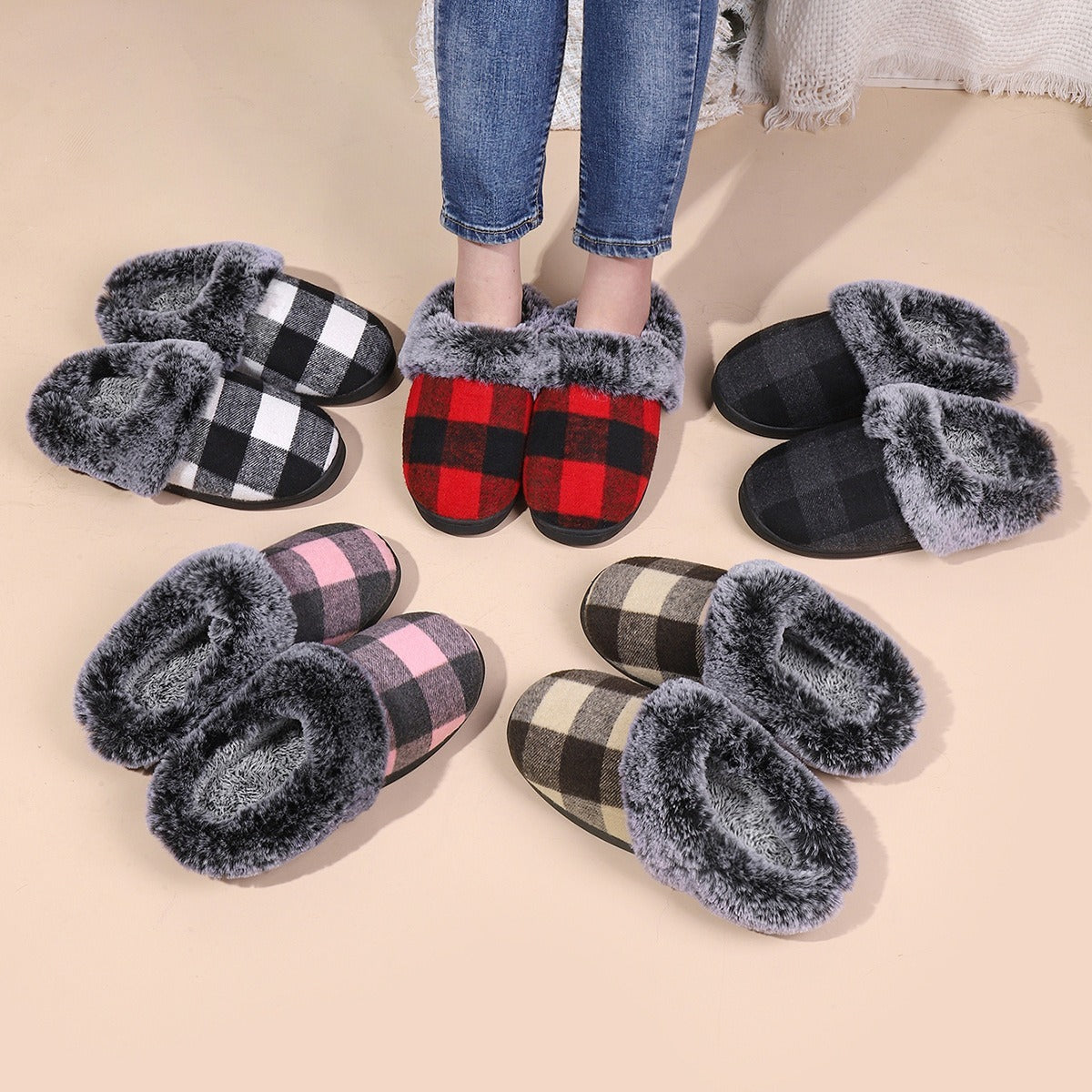 Plaid Fluffy Slippers Fashion Comfortable And Non-slip Cotton Slippers Cozy Footwear Warm Cotton Slippers Unisex cotton Slippers couples cotton footwear, lioness-love