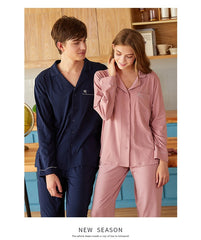 Couple Lapel Long Sleeve Knitted Modal Cotton Pajamas Comfortable Unisex cotton nightwear