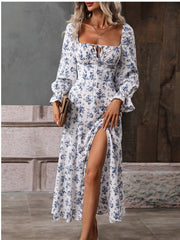 Flowers Printing Long Sleeve Dress Fashion Square-neck Bottom Slit Dresses Women Clothing Vintage Gown Dinner dress, lioness-love