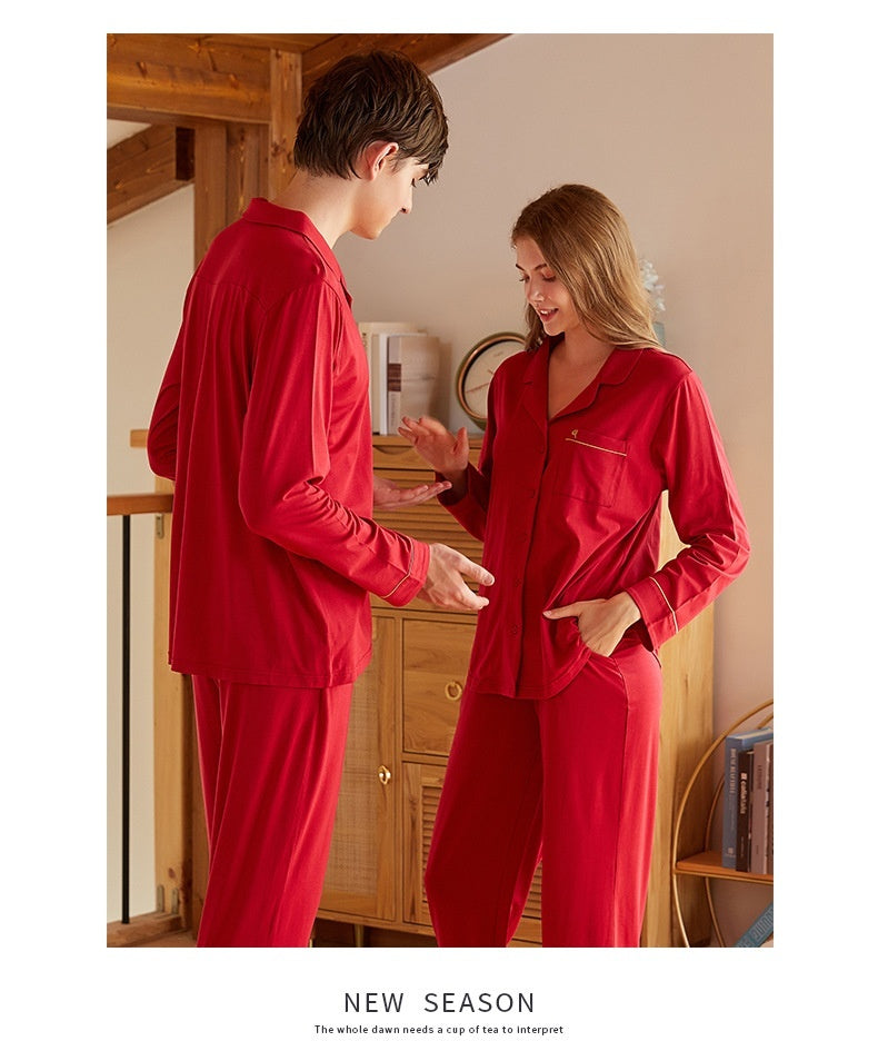 Couple Lapel Long Sleeve Knitted Modal Cotton Pajamas Comfortable Unisex cotton nightwear