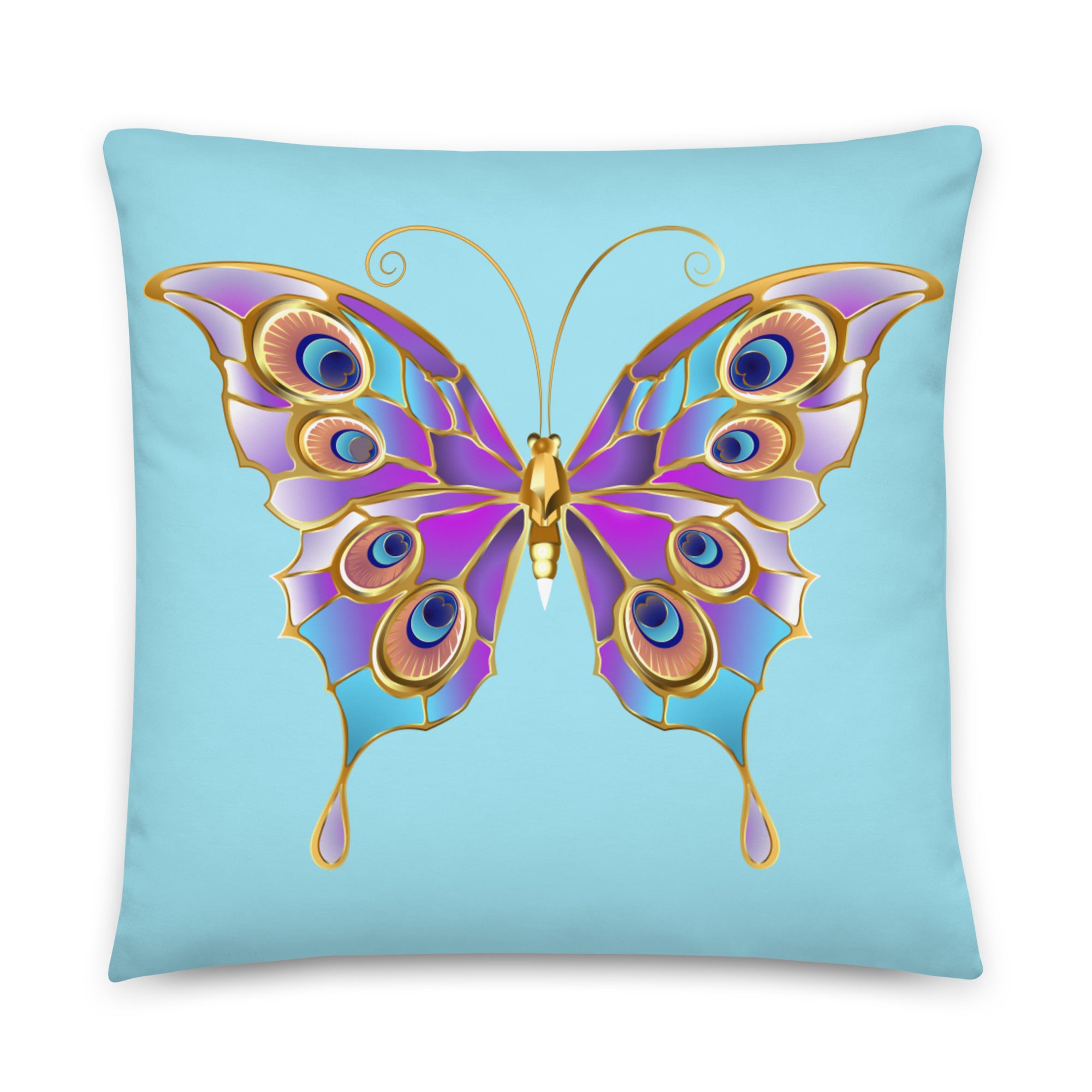 Crafted with precision and attention to detail, these cushion covers feature a captivating design of elegant gold butterflies against a deep blue backdrop. 