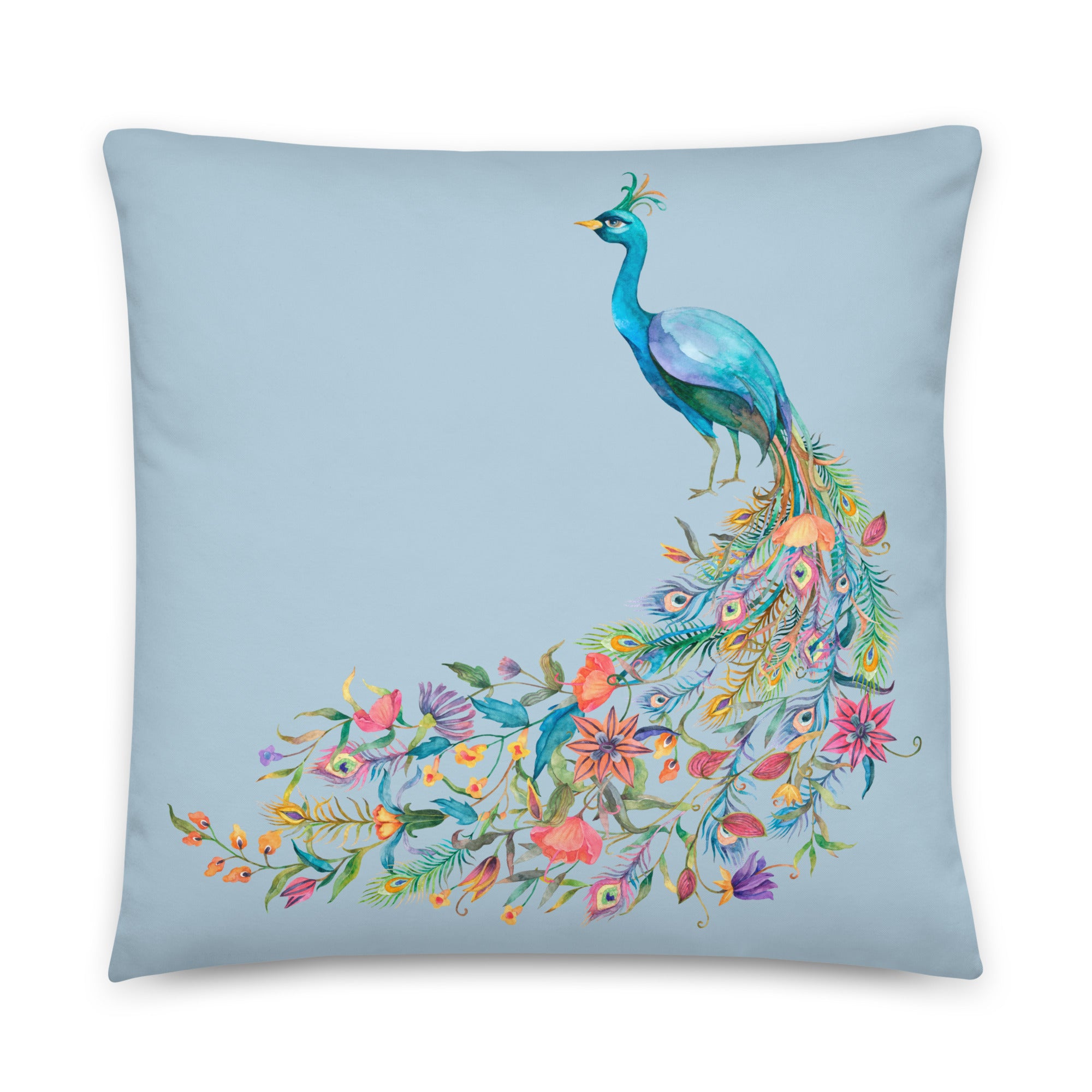 Featuring a captivating peacock graphic print in vibrant shades of blue, these pillows effortlessly blend artistry with comfort.