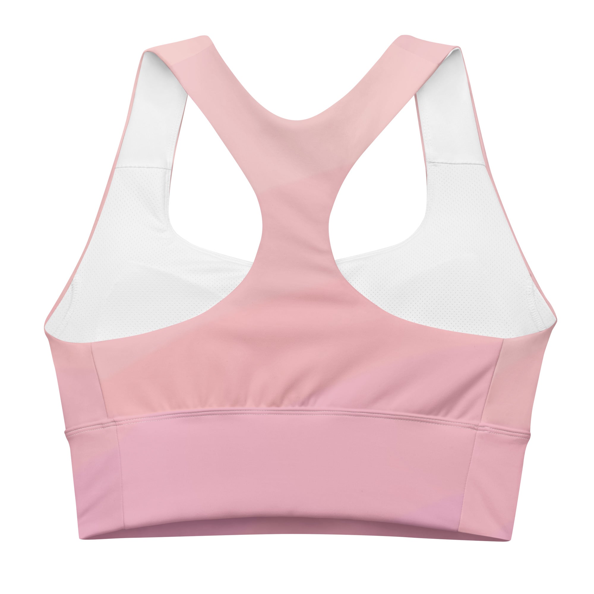 Designed to provide maximum support and style, this sports bra features a flattering long-line silhouette in a soft blush pink hue, perfect for adding a touch of elegance to your activewear collection. 