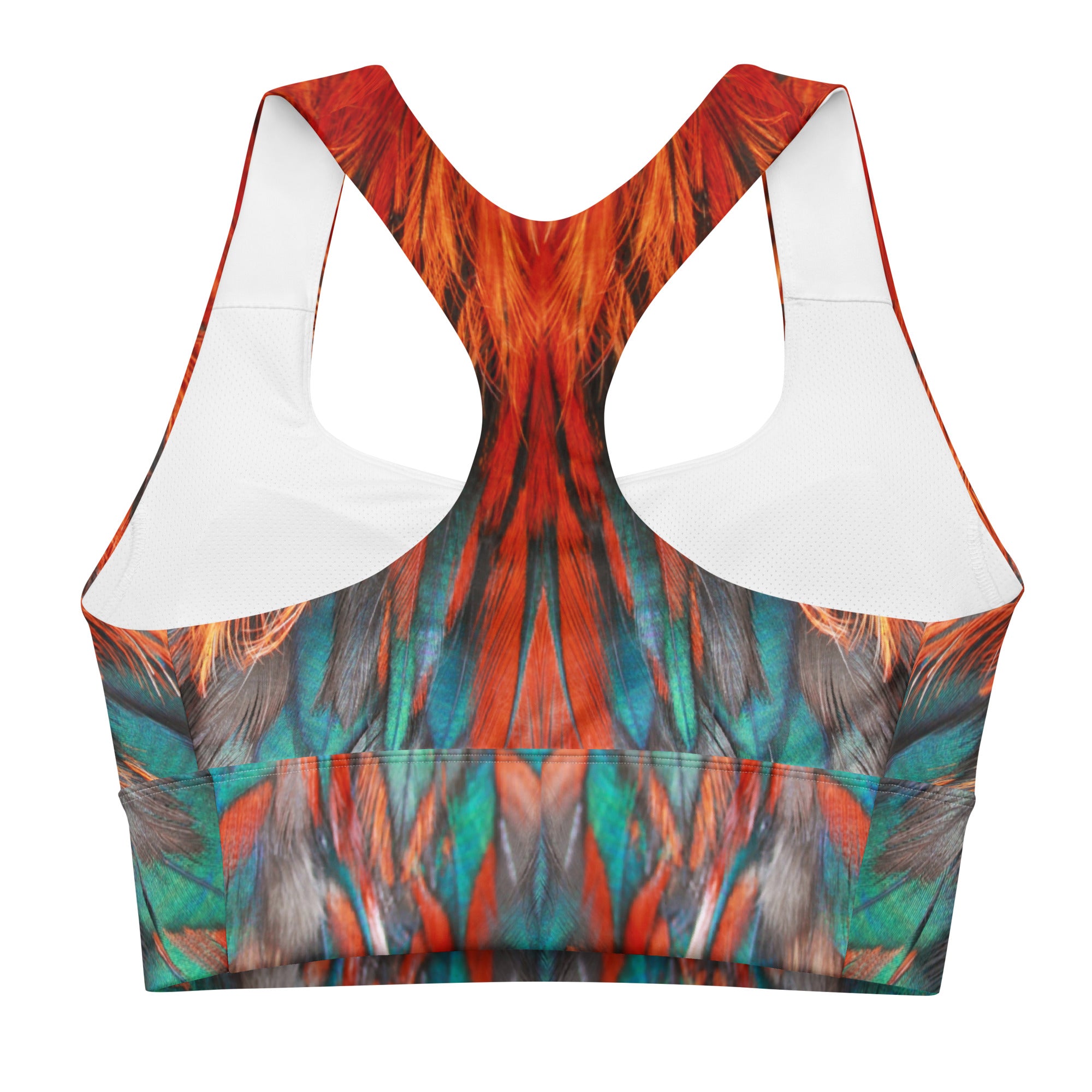 With a striking flame feathers design, this bra brings a bold flair to your activewear collection. 