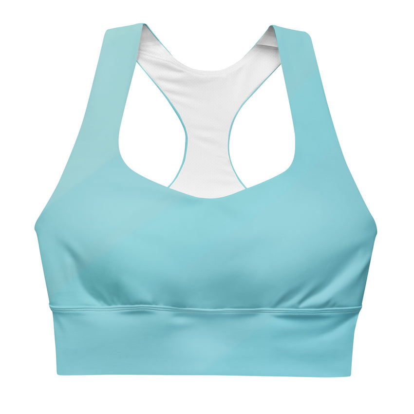 Introducing our Aqua Green Longline Sports Bra, the perfect blend of style and functionality for your active lifestyle. 