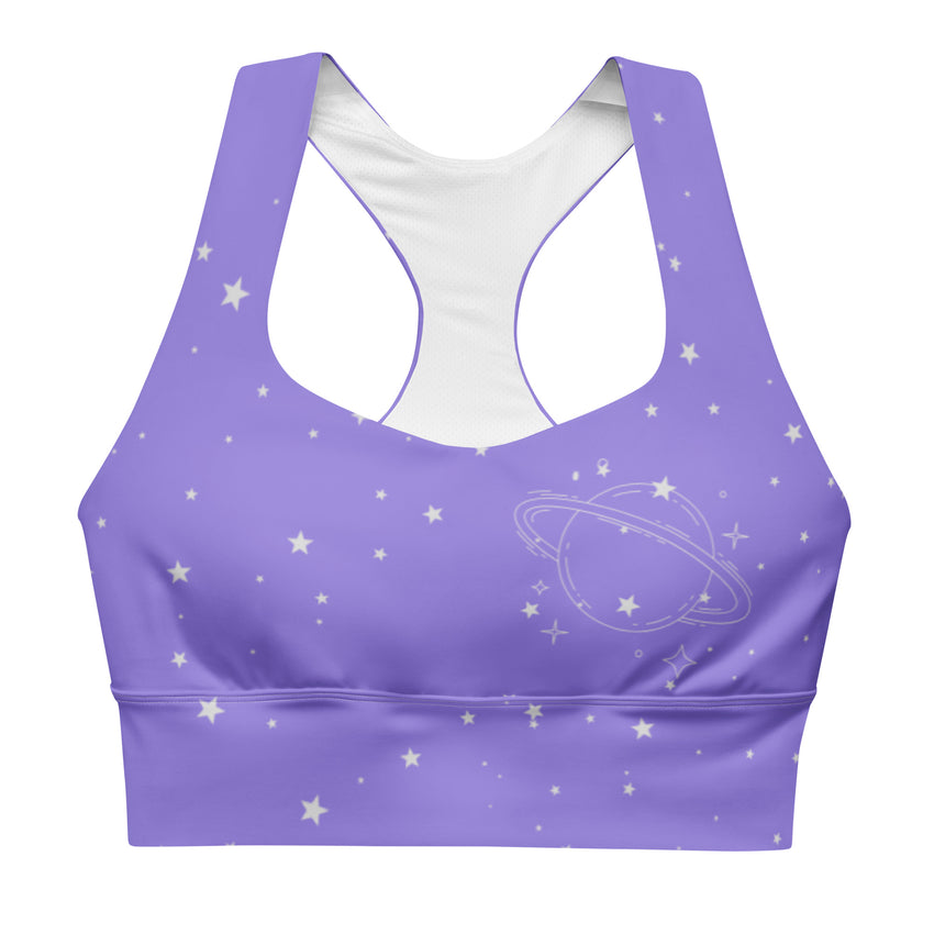 Introducing our sleek and stylish White Star on Purple Long Line Sports Bra, designed to elevate your workout wardrobe with a pop of personality. 