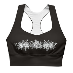 Introducing our Floral Print on Black Longline Sports Bra, where elegance meets functionality in your workout wardrobe.