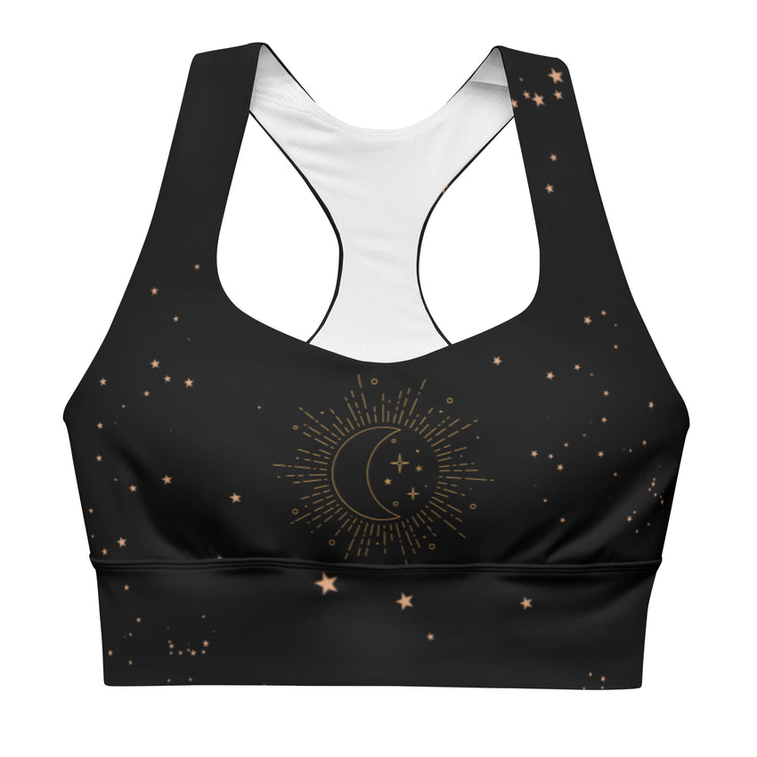 Introducing our Black Gold Longline Sports Bra, a fusion of elegance and performance.