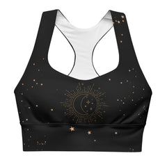 Introducing our Black Gold Longline Sports Bra, a fusion of elegance and performance.