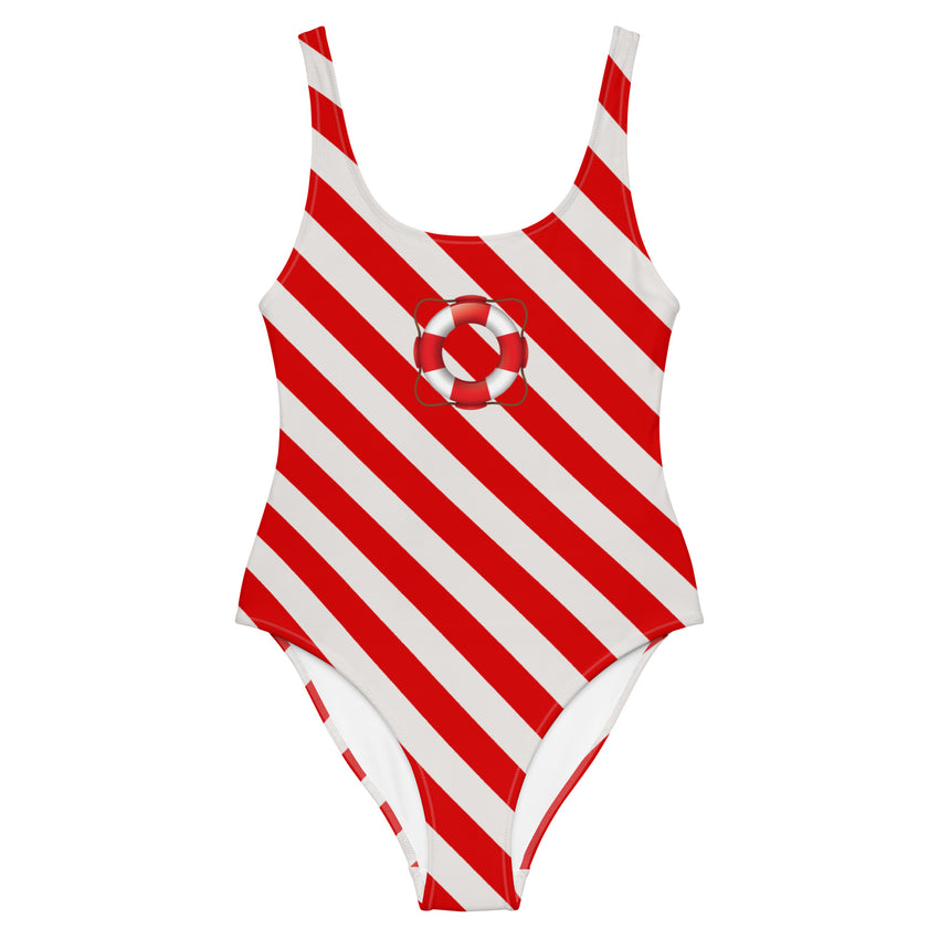 Red & white stripe printed swimsuit for women