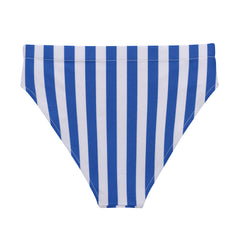 The classic blue and white stripes exude a timeless charm, while the adjustable side ties allow for a customized fit. 