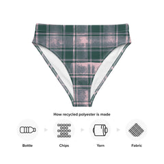 This bikini features a vibrant combination of stripes and plaid patterns, creating a unique and eye-catching look. 
