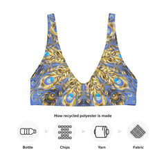 Crafted with care, this eye-catching bikini top showcases a vibrant peacock feather pattern that radiates beauty and charm. 