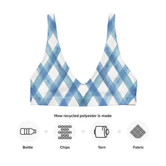 Crafted with meticulous attention to detail, this trendy and fashionable bikini top features a vibrant blue plaid pattern that exudes confidence and style. 