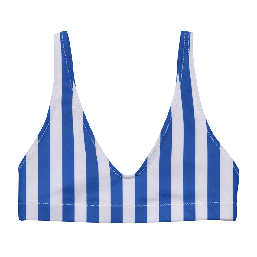 Blue and white vertical striped bikini top, designed to elevate your beachside style.