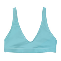 Aqua blue bikini top, designed exclusively for women's swimwear. 