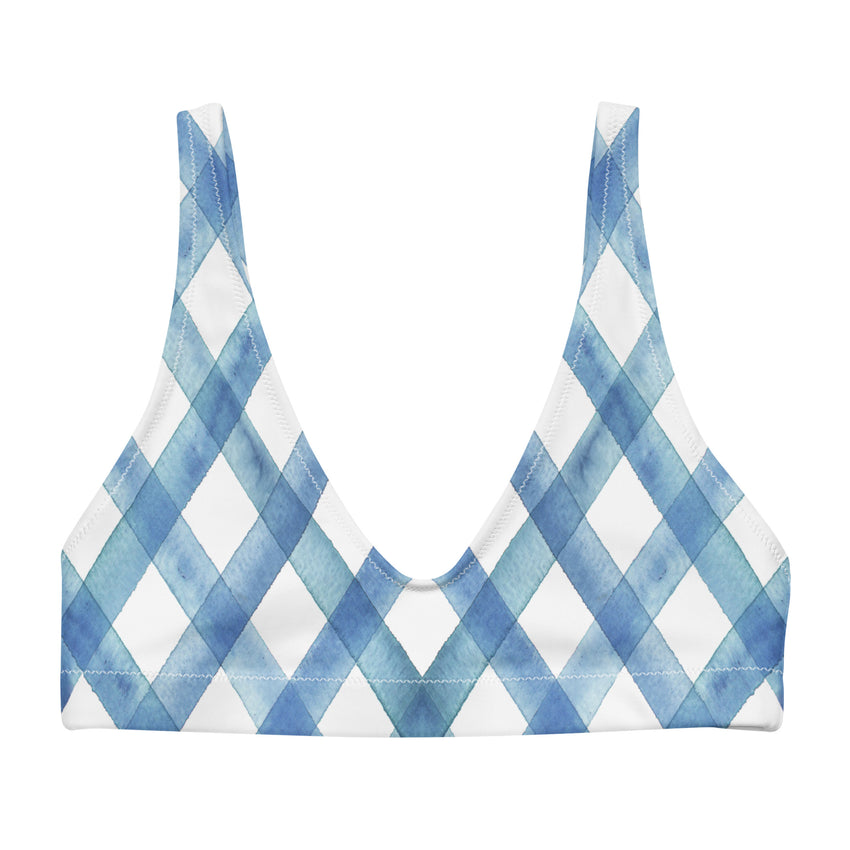 Stunning Blue Plaid Bikini Top for women, designed to turn heads and make a splash this summer. 