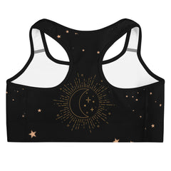 Designed with a chic black hue and adorned with intricate zodiac-inspired patterns, this sports bra seamlessly blends style with functionality. 