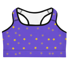 Crafted with a vibrant purple hue and adorned with shimmering gold stars, this sports bra adds a touch of glamour to your workout wardrobe. 