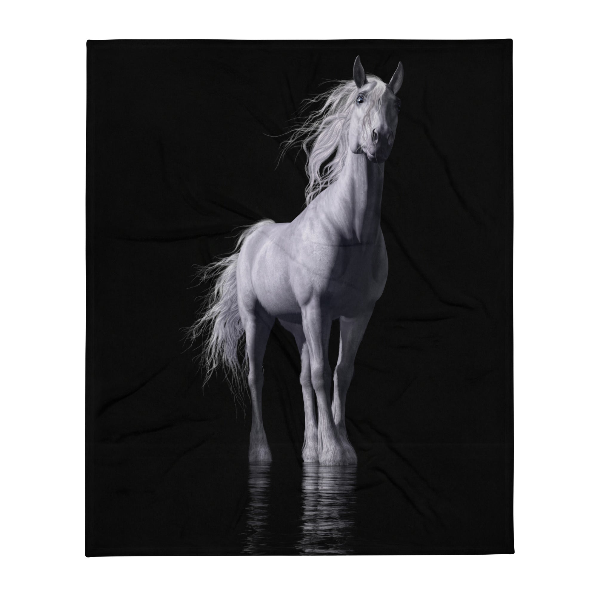 Crafted with utmost care and attention to detail, this blanket features a captivating white horse design that adds a touch of sophistication to any space.