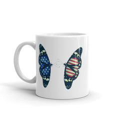Crafted with high-quality ceramic, this mug features a vibrant depiction of the American flag meticulously designed with graceful butterflies, symbolizing freedom and transformation. 