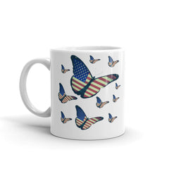 This ceramic mug showcases a delightful pattern of colorful butterflies adorned with the stars and stripes, creating a harmonious blend of nature and patriotism. 