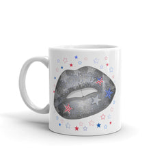 This high-quality ceramic mug features a vibrant design of the American flag seamlessly blended with a pair of luscious lips, creating a bold and eye-catching visual statement. 