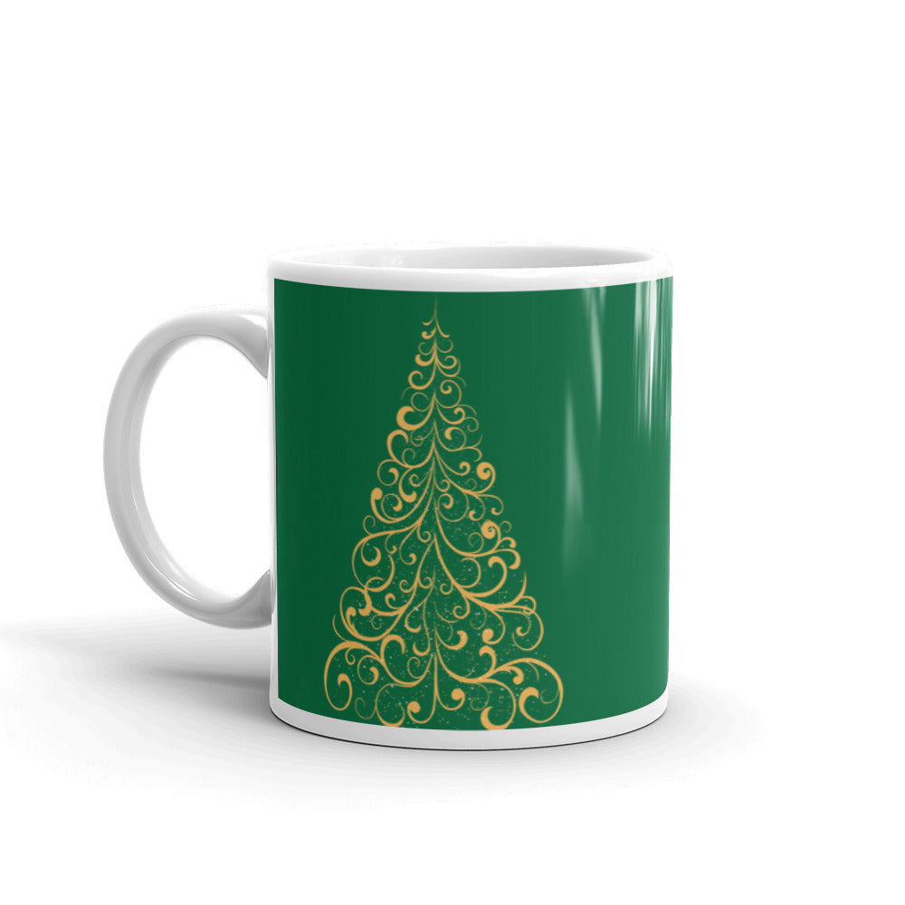 Gold Scroll Christmas Tree Green Mug, lioness-love