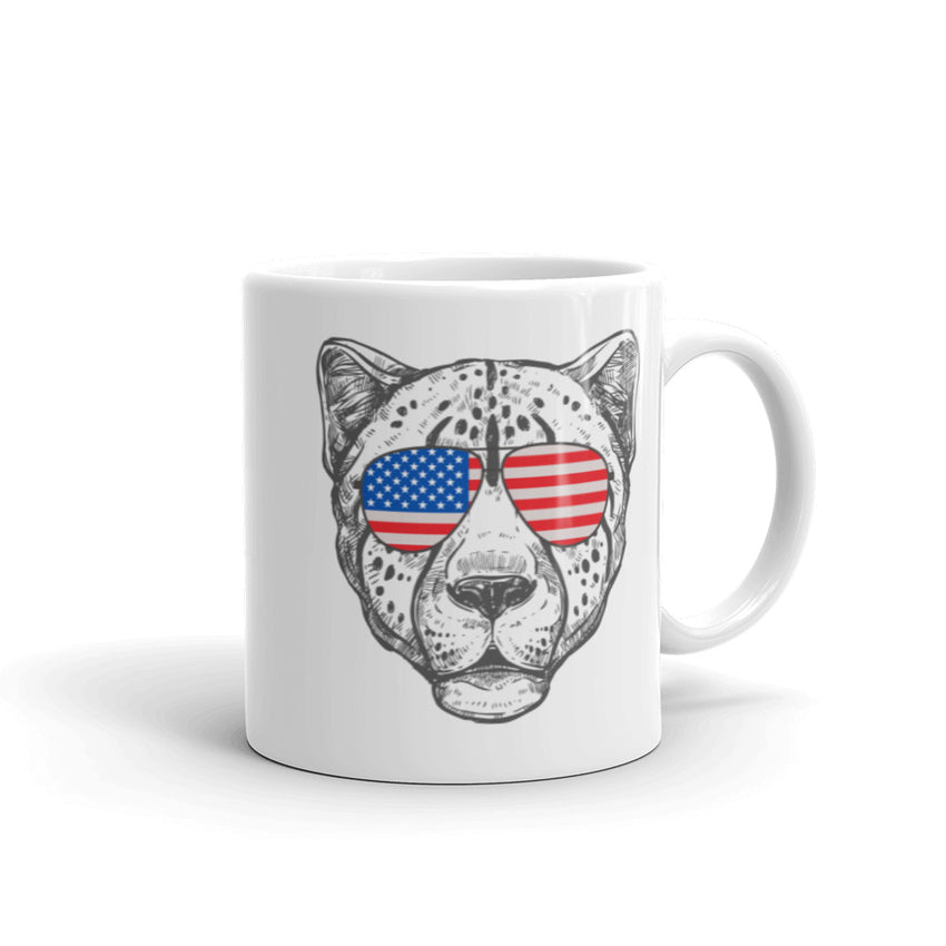 Cheetah with USA Flag Goggle Printed Mug, the perfect blend of style and patriotism. 