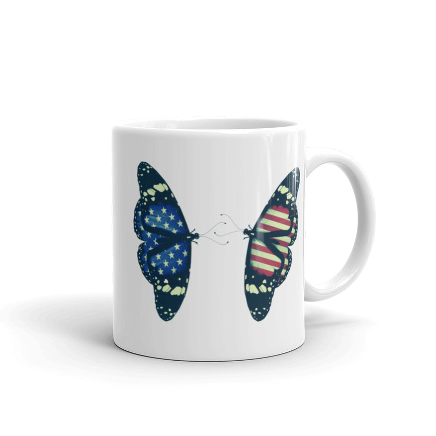 captivating USA Flag on Butterflies printed mug, a delightful fusion of patriotism and nature-inspired beauty. 