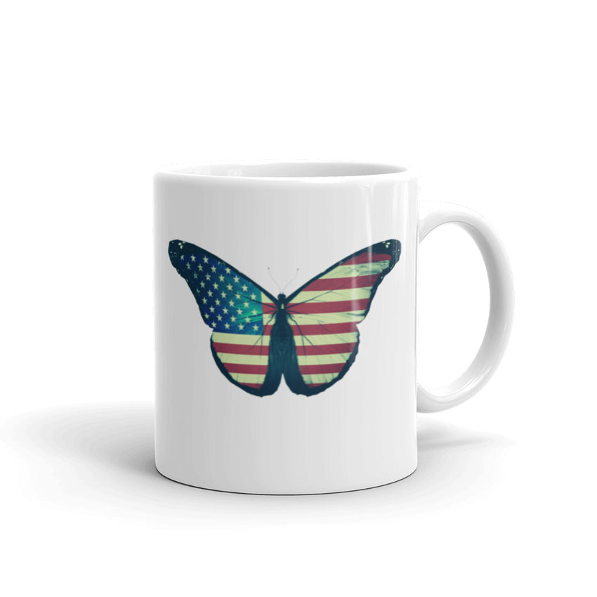 USA Flag on Butterfly Printed Mug, a stunning piece that beautifully combines patriotism and nature-inspired design.
