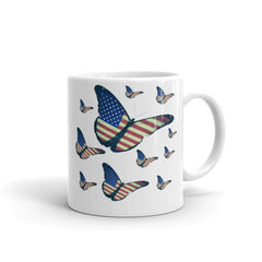 USA Flag on Little Butterflies printed coffee mug beautifully combines the grace of butterflies with the patriotic symbol of the United States flag. 