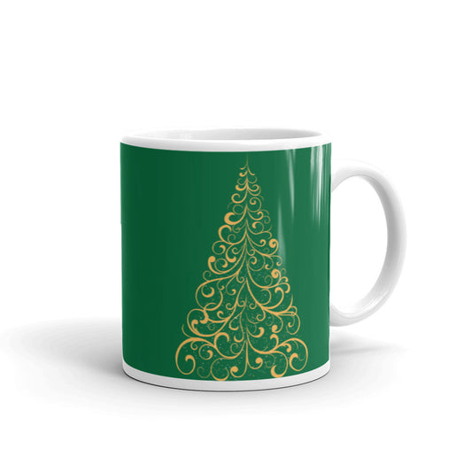 Gold Scroll Christmas Tree Green Mug, lioness-love