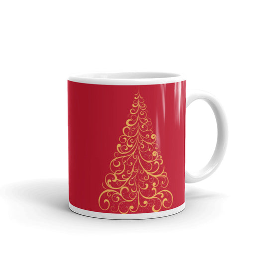 Gold Scroll Christmas Tree Red Mug, lioness-love