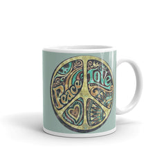 Peace and Love Printed Graphic Coffee Mug, the perfect companion for your morning brew or afternoon pick-me-up. 