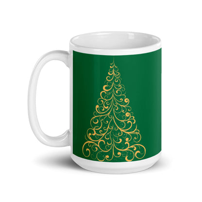 Gold Scroll Christmas Tree Green Mug, lioness-love