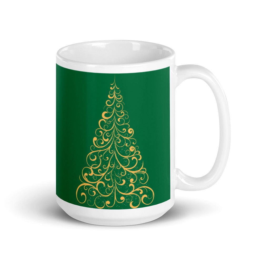Gold Scroll Christmas Tree Green Mug, lioness-love